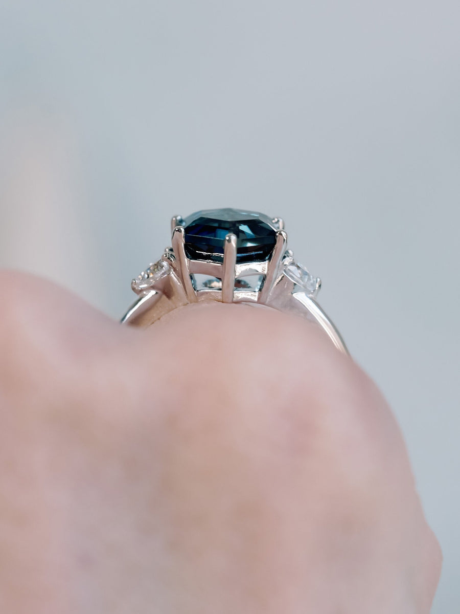 Hexagon Cut Natural London Blue Topaz and Moissanite Three Stone Ring