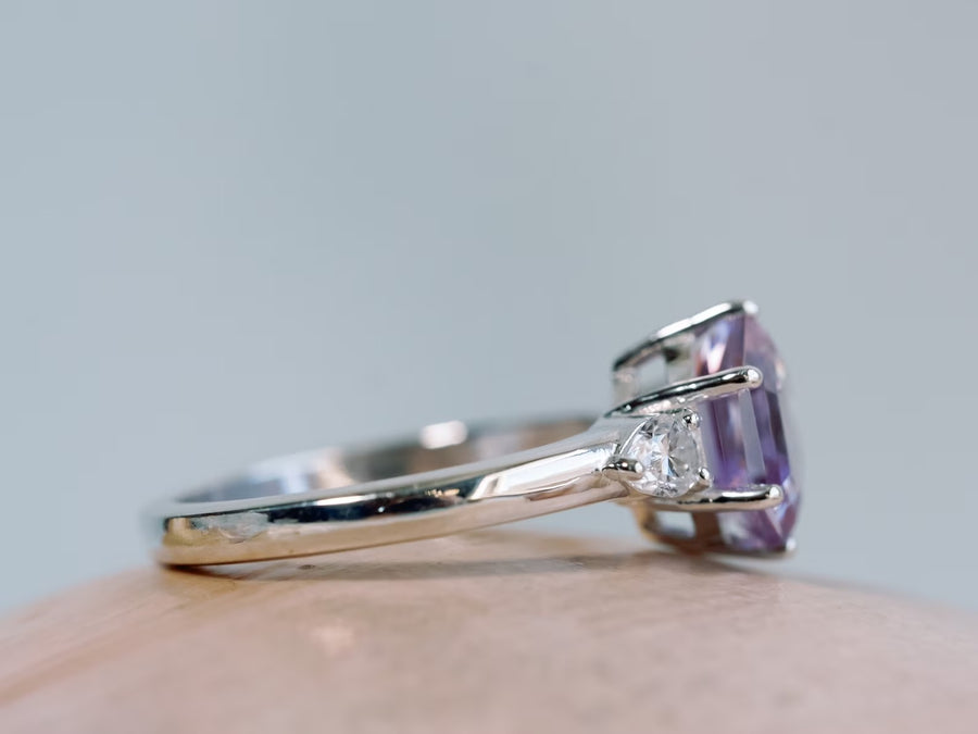 Hexagon Cut Rose De France Lavender Amethyst Three Stone Ring