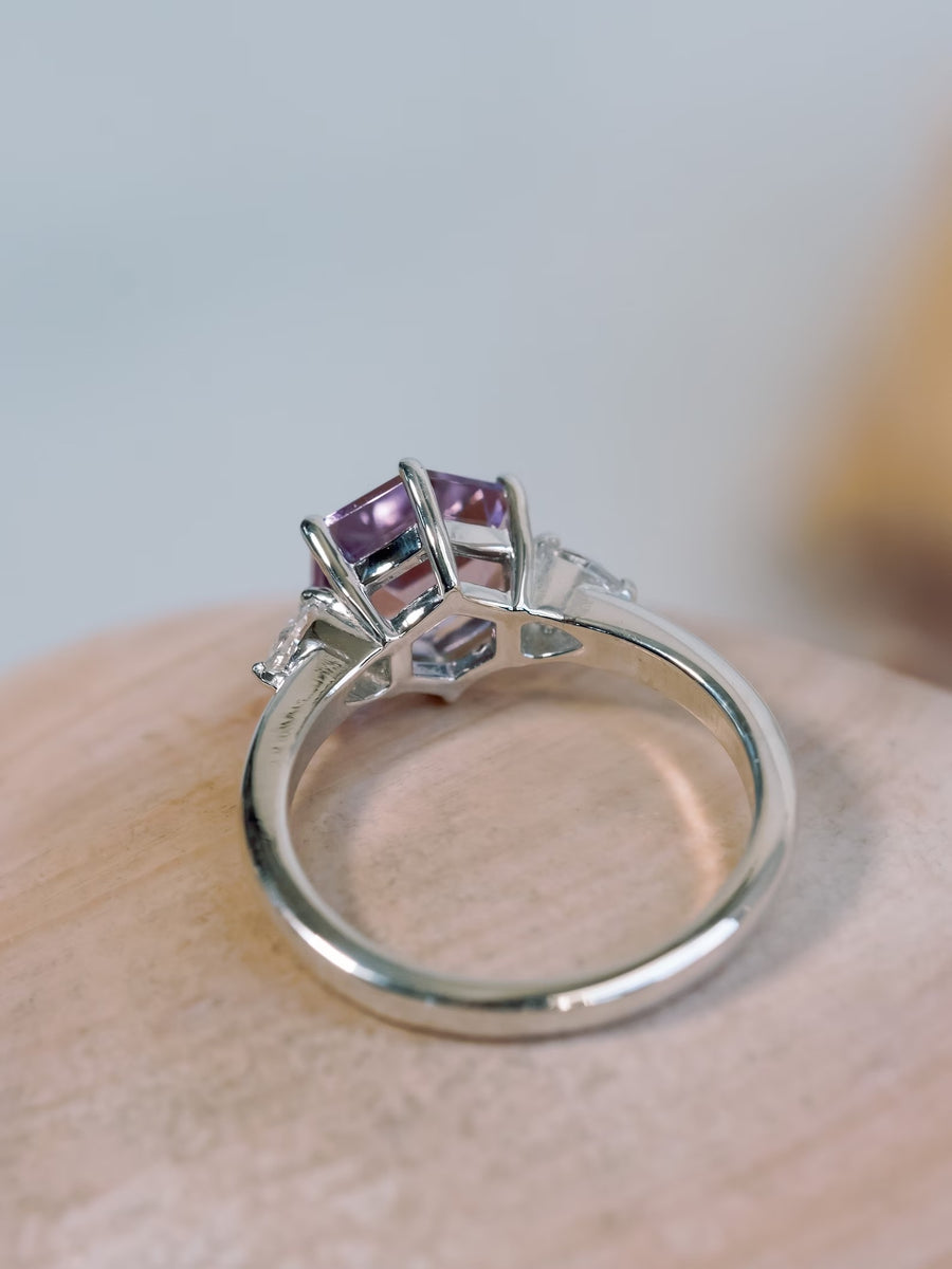 Hexagon Cut Rose De France Lavender Amethyst Three Stone Ring