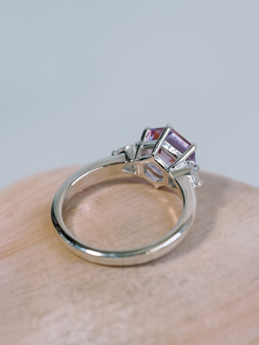 Hexagon Cut Rose De France Lavender Amethyst Three Stone Ring