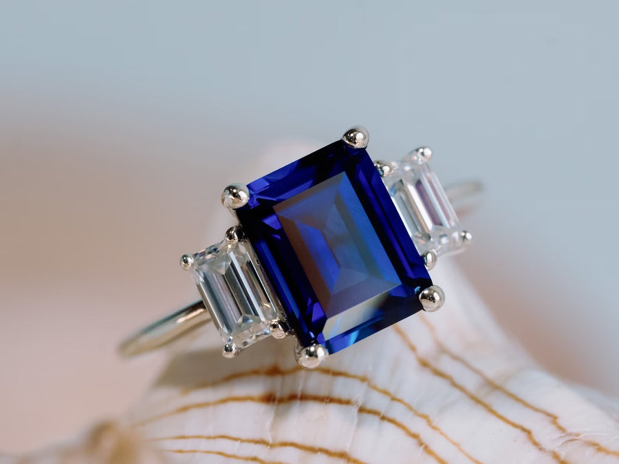 Three Stone Emerald Cut Sapphire and Moissanite Engagement Ring