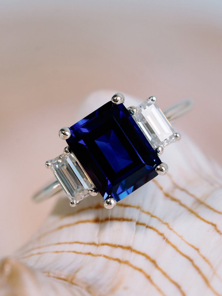 Three Stone Emerald Cut Sapphire and Moissanite Engagement Ring