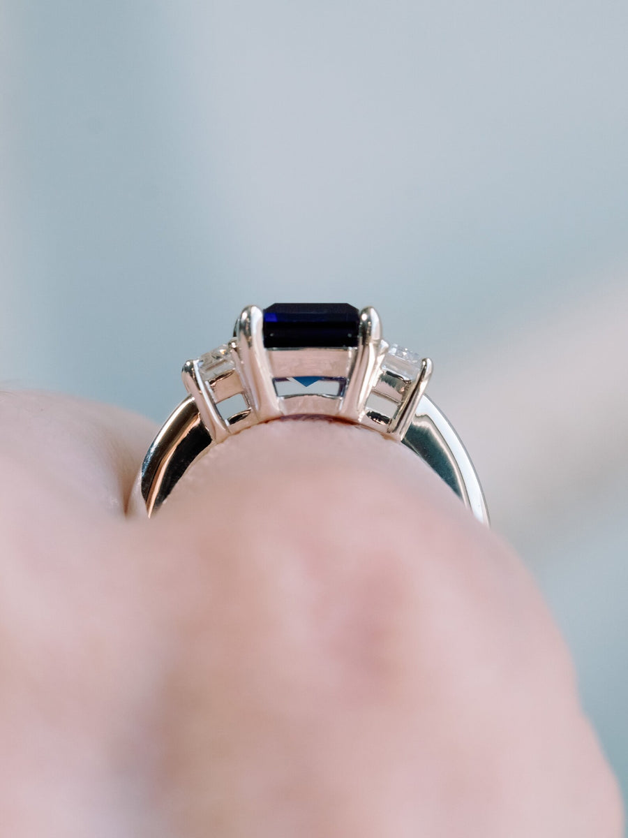 Three Stone Emerald Cut Sapphire and Moissanite Engagement Ring