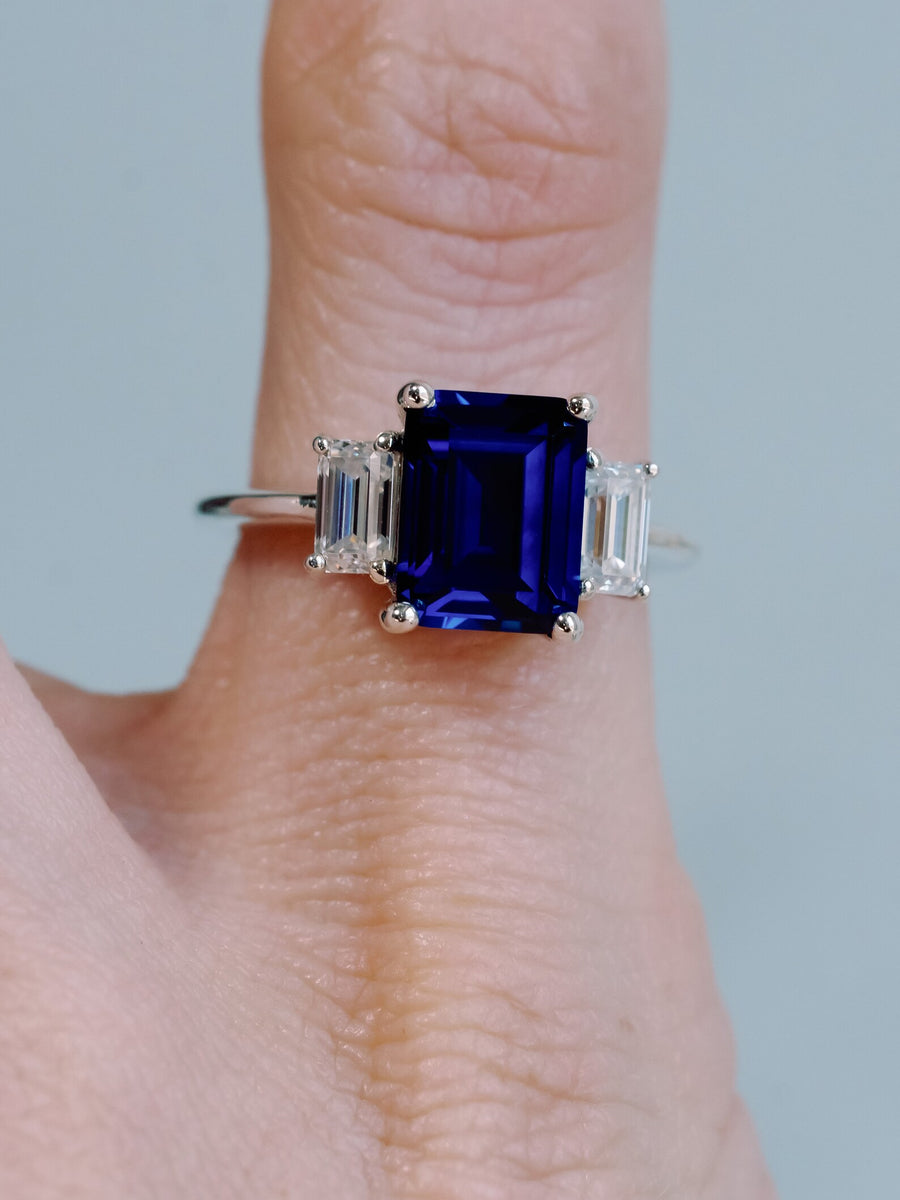 Three Stone Emerald Cut Sapphire and Moissanite Engagement Ring