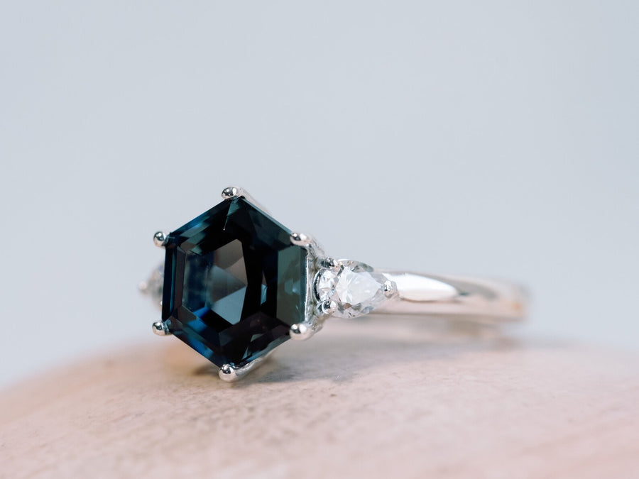 Hexagon Cut Natural London Blue Topaz and Moissanite Three Stone Ring