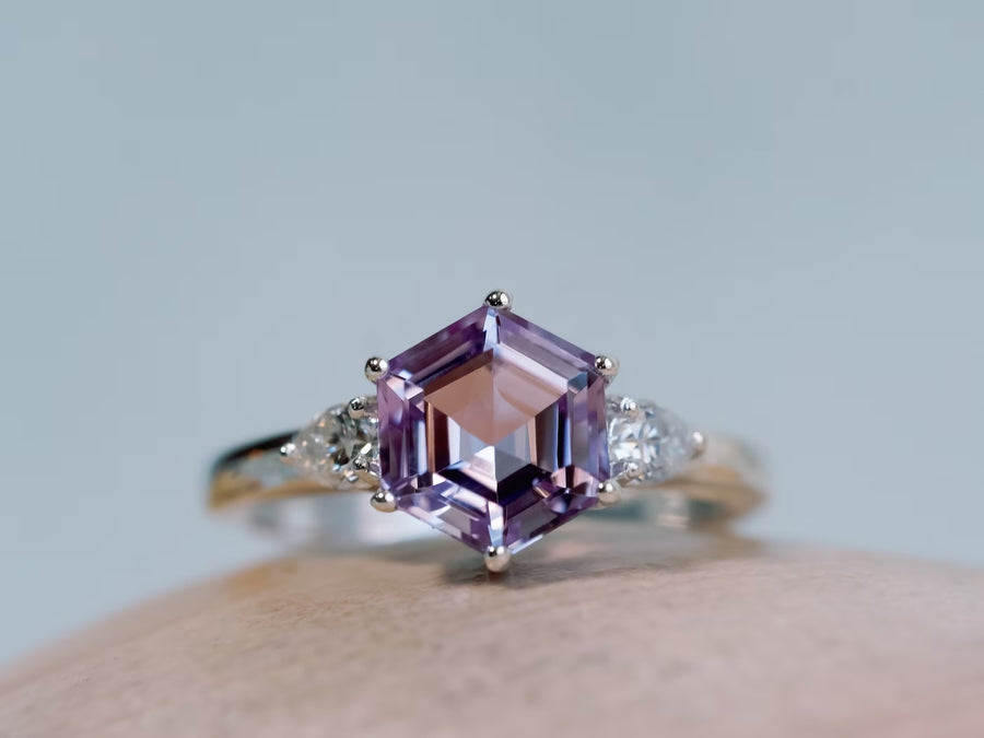 Hexagon Cut Rose De France Lavender Amethyst Three Stone Ring