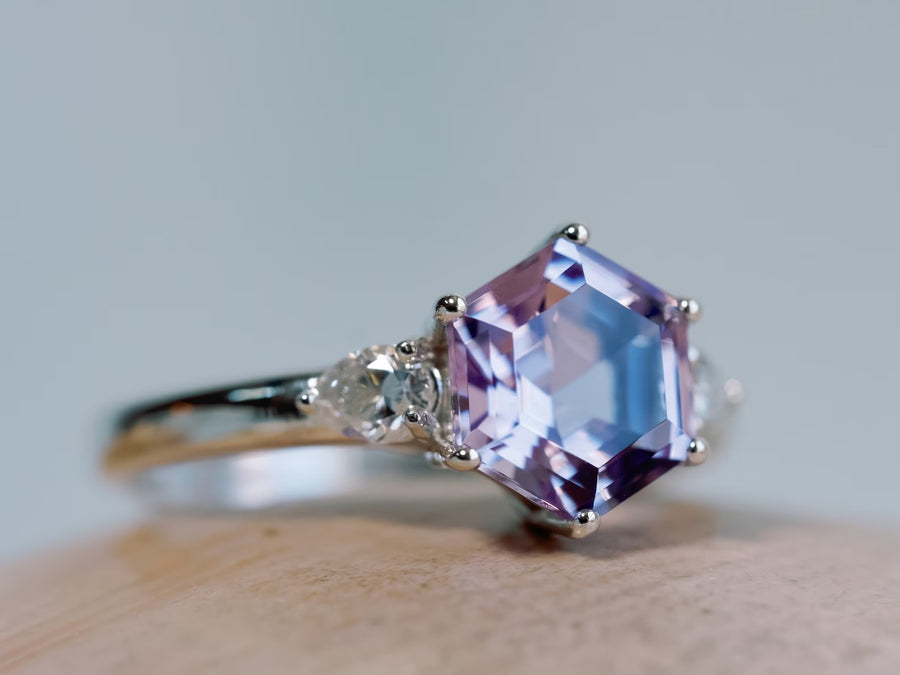 Hexagon Cut Rose De France Lavender Amethyst Three Stone Ring