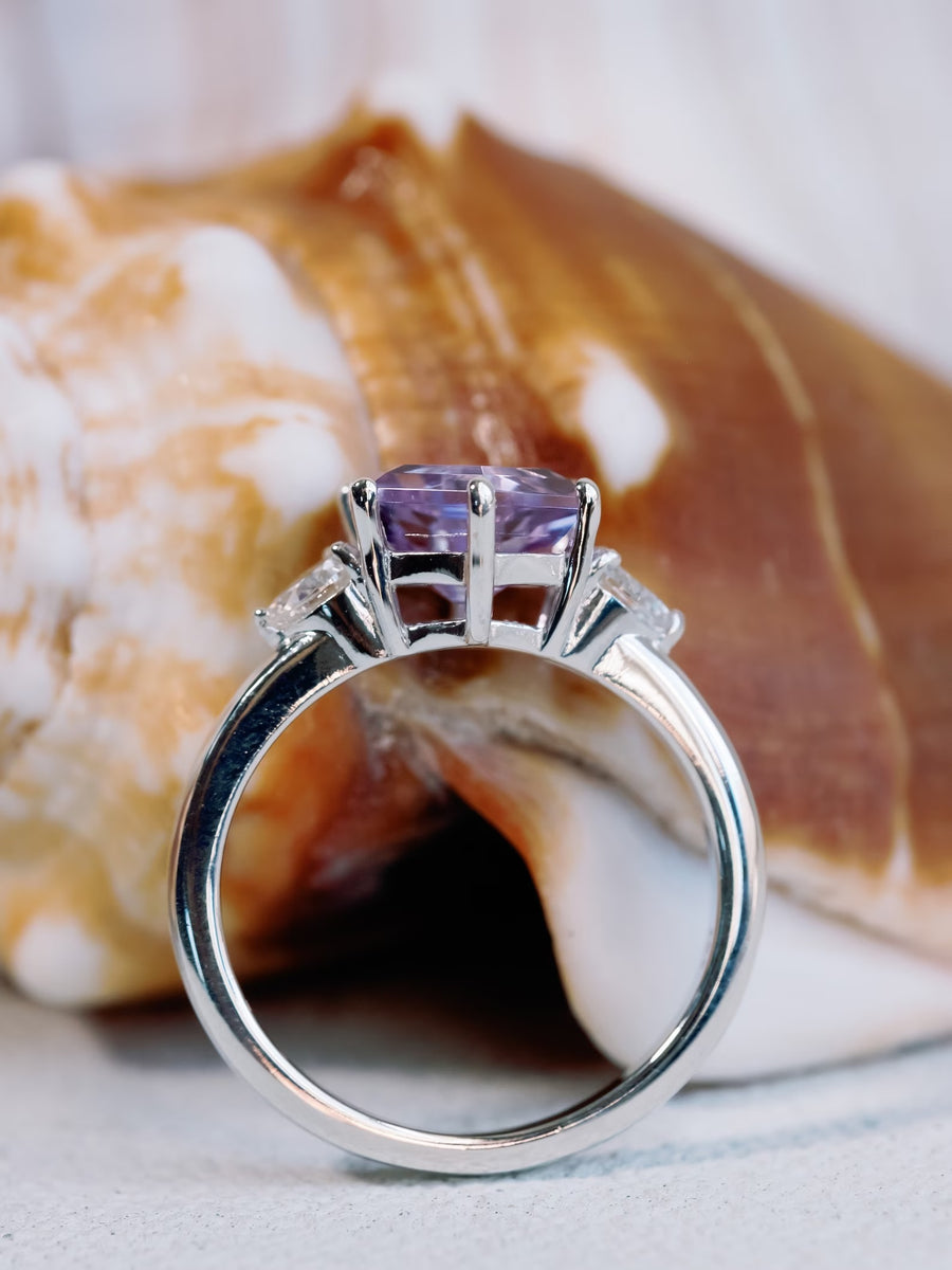 Hexagon Cut Rose De France Lavender Amethyst Three Stone Ring