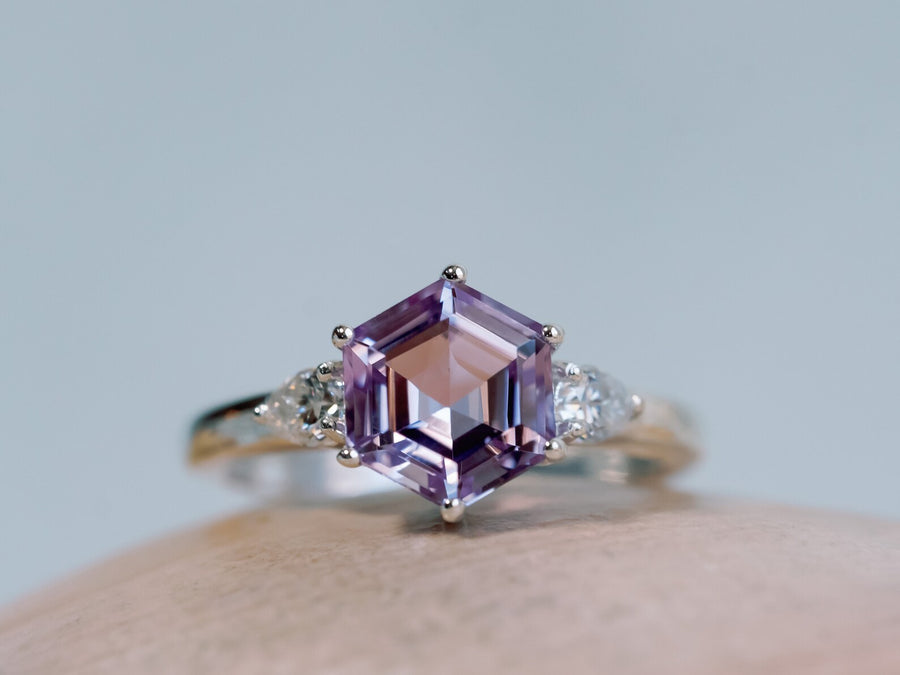 Hexagon Cut Rose De France Lavender Amethyst Three Stone Ring