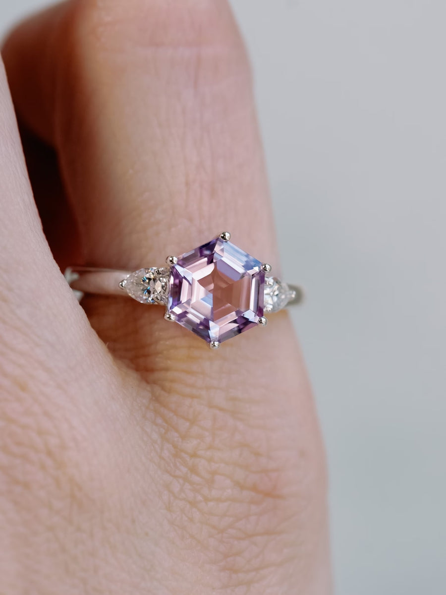 Hexagon Cut Rose De France Lavender Amethyst Three Stone Ring