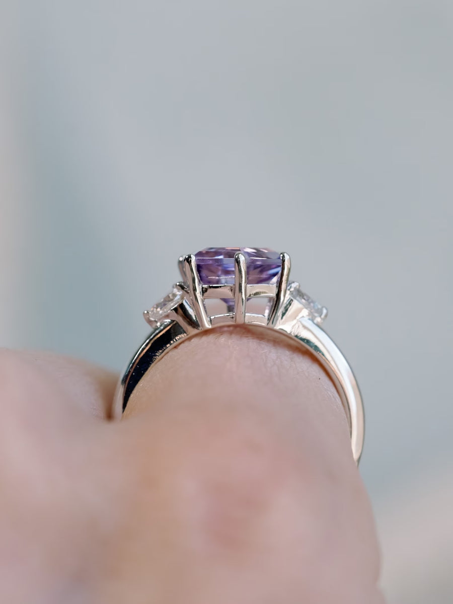 Hexagon Cut Rose De France Lavender Amethyst Three Stone Ring