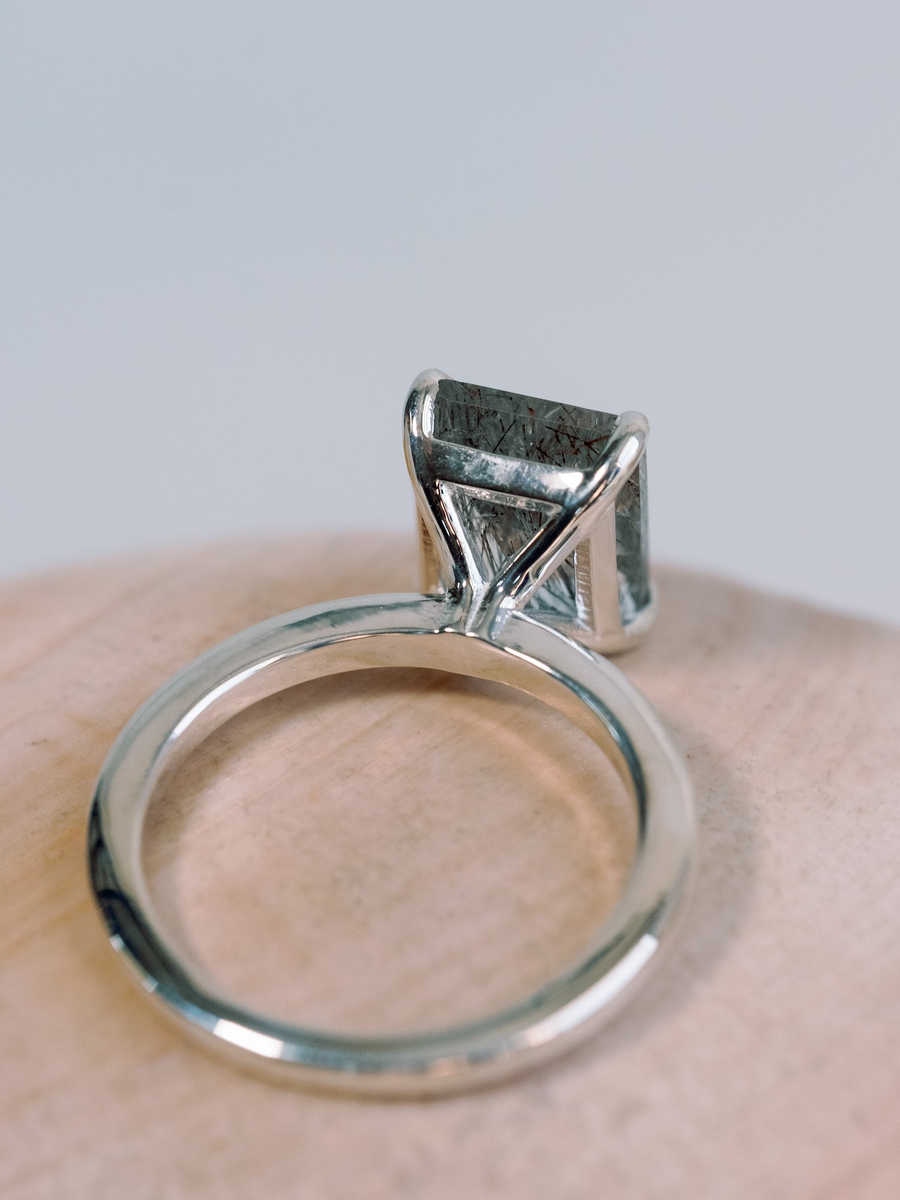 Black Rutilated Emerald Cut Tourmalinated Quartz Solitaire Ring 10x8mm