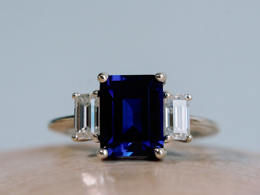 Three Stone Emerald Cut Sapphire and Moissanite Engagement Ring