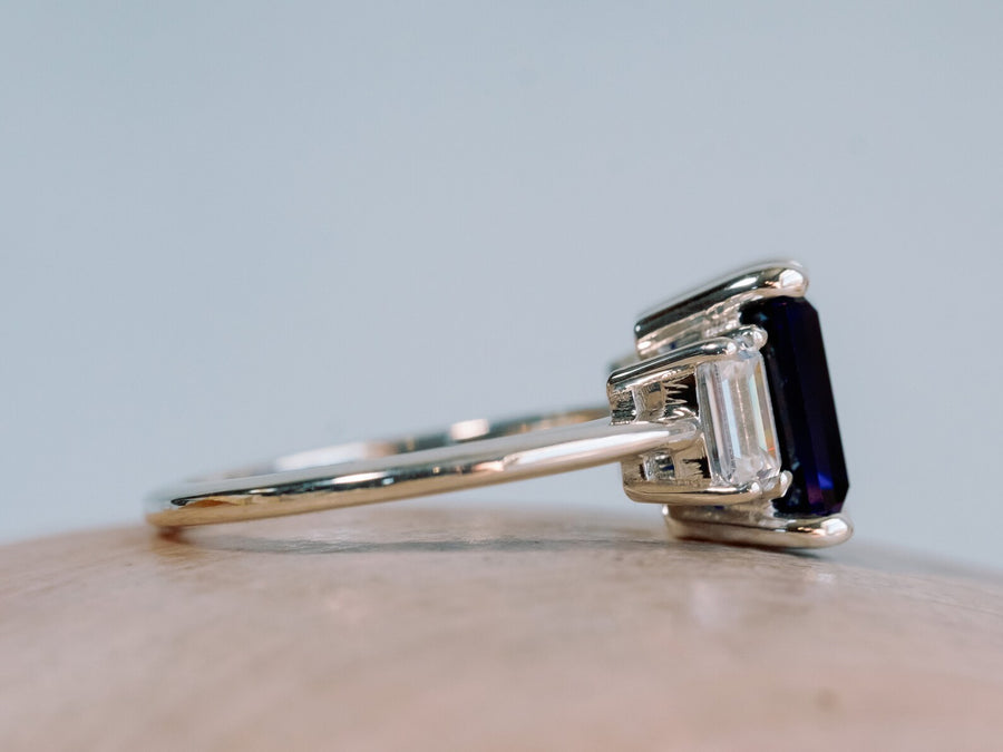 Three Stone Emerald Cut Sapphire and Moissanite Engagement Ring