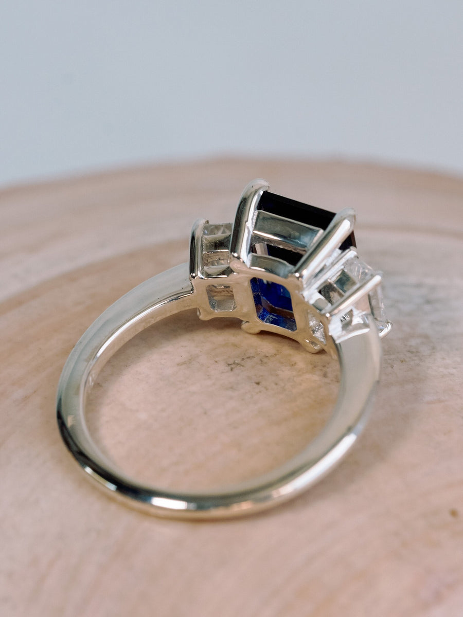 Three Stone Emerald Cut Sapphire and Moissanite Engagement Ring