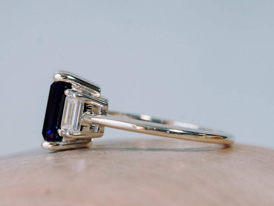 Three Stone Emerald Cut Sapphire and Moissanite Engagement Ring