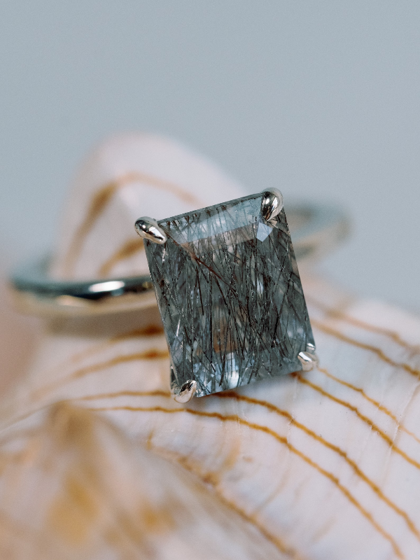 Black Rutilated Emerald Cut Tourmalinated Quartz Solitaire Ring 10x8mm