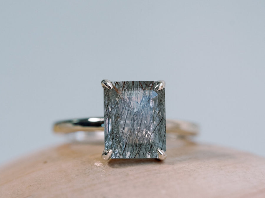 Black Rutilated Emerald Cut Tourmalinated Quartz Solitaire Ring 10x8mm