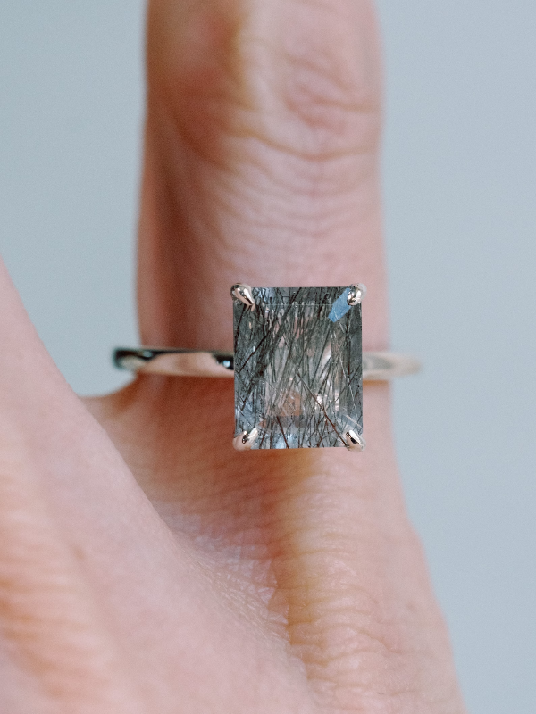 Black Rutilated Emerald Cut Tourmalinated Quartz Solitaire Ring 10x8mm