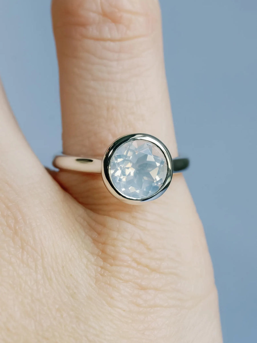 Natural Blue Moon Quartz Round Bezel Ring Solitaire Ring