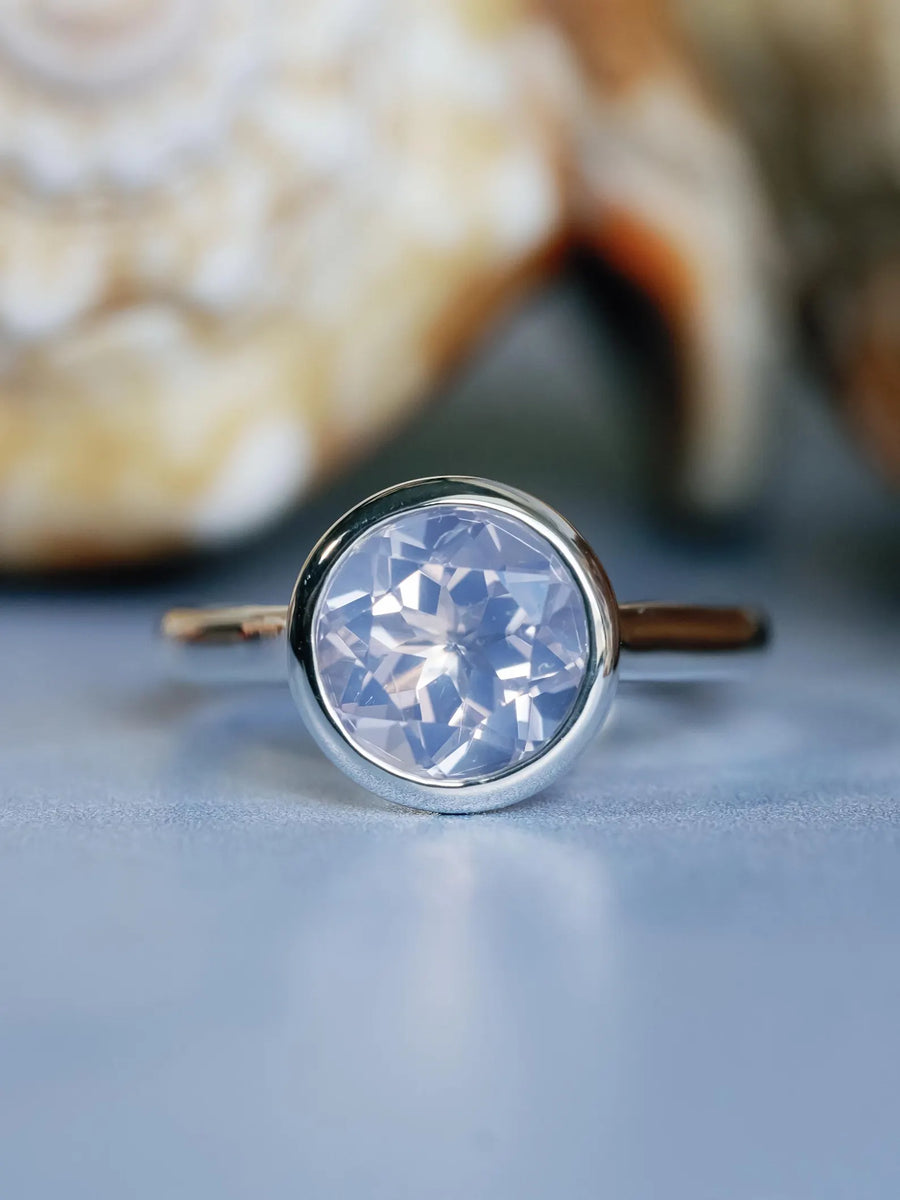 Natural Lavender Moon Quartz Round Bezel Solitaire Ring