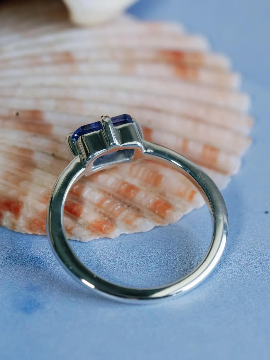 Natural Emerald Cut Tanzanite East West Compass Ring