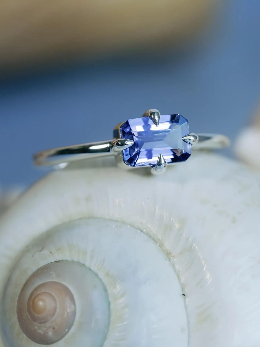 Natural Emerald Cut Tanzanite East West Compass Ring