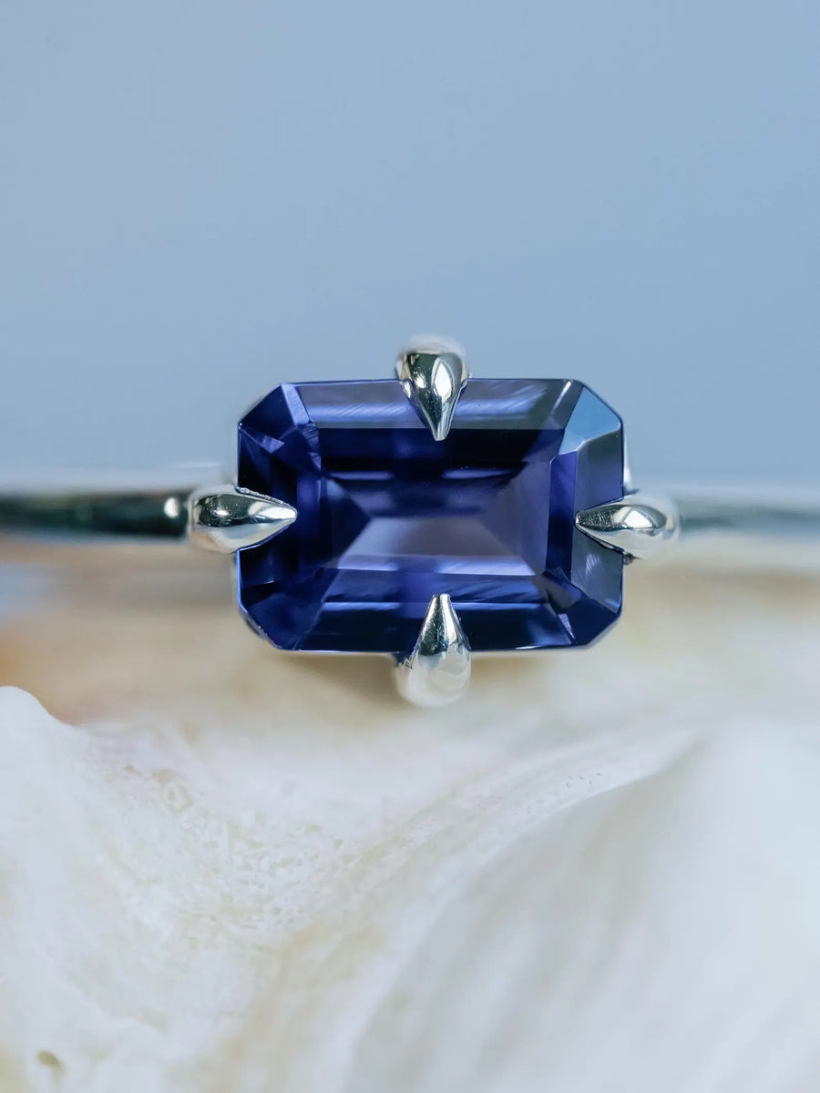 Natural Emerald Cut Tanzanite East West Compass Ring