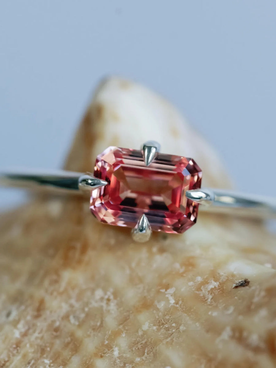 Emerald Cut Lab Grown Pink Padparadscha Sapphire East West Setting Compass Prongs Minimalist Ring