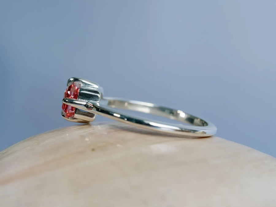 Emerald Cut Lab Grown Pink Padparadscha Sapphire East West Setting Compass Prongs Minimalist Ring