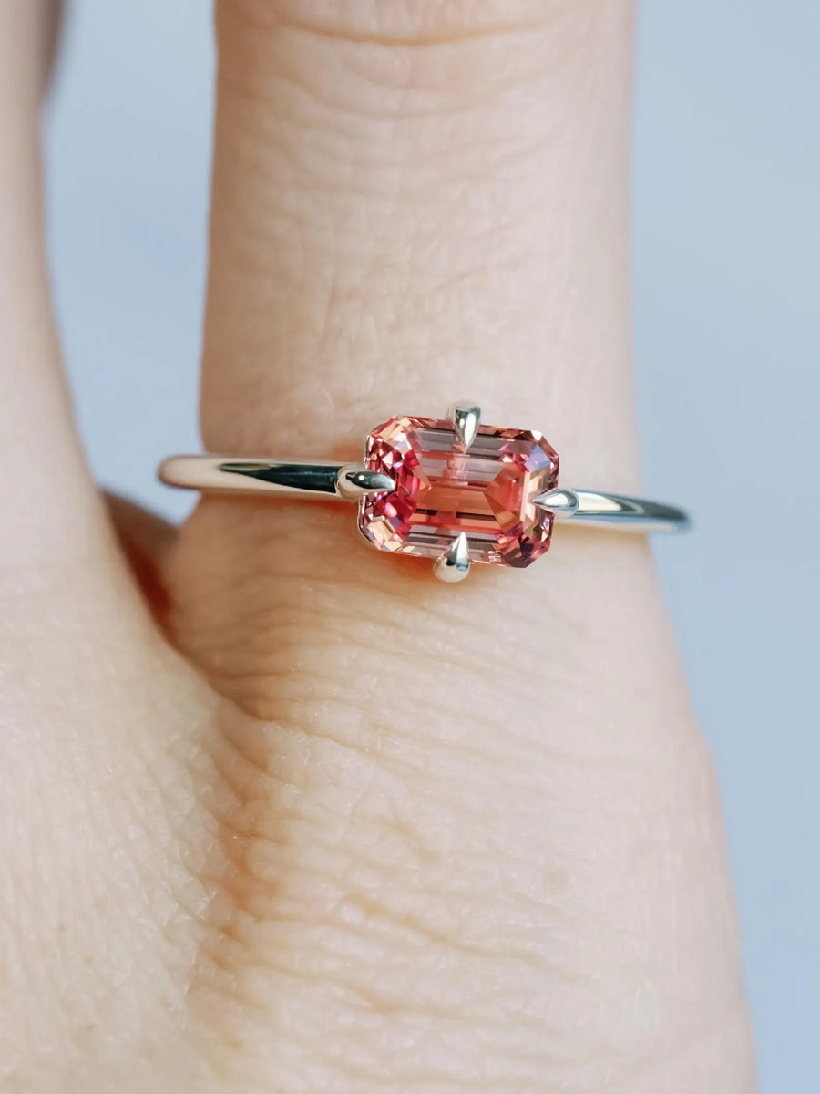 Emerald Cut Lab Grown Pink Padparadscha Sapphire East West Setting Compass Prongs Minimalist Ring