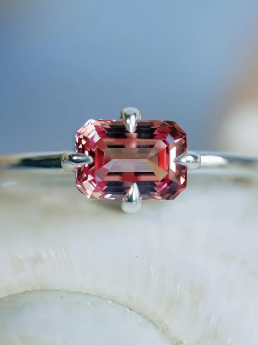 Emerald Cut Lab Grown Pink Padparadscha Sapphire East West Setting Compass Prongs Minimalist Ring