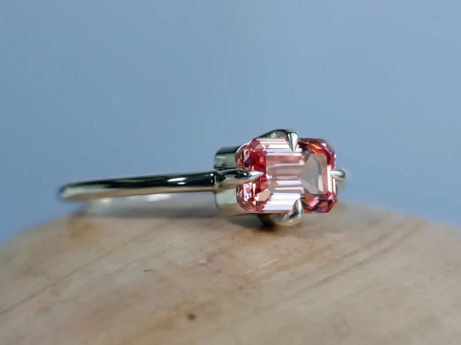 Emerald Cut Lab Grown Pink Padparadscha Sapphire East West Setting Compass Prongs Minimalist Ring