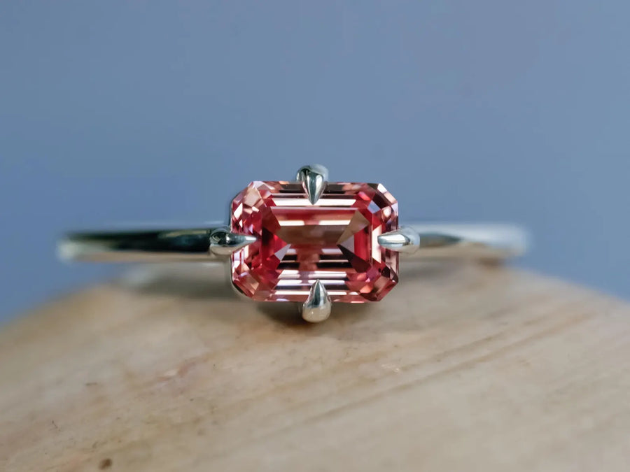 Emerald Cut Lab Grown Pink Padparadscha Sapphire East West Setting Compass Prongs Minimalist Ring