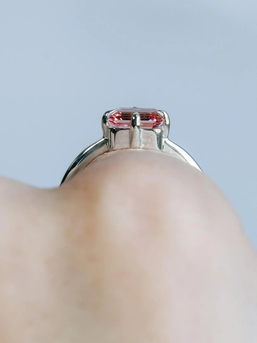 Emerald Cut Lab Grown Pink Padparadscha Sapphire East West Setting Compass Prongs Minimalist Ring