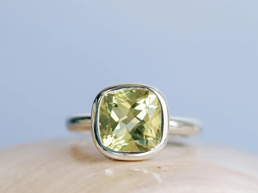 14k Natural Lemon Citrine Cushion Cut Bezel Statement Ring