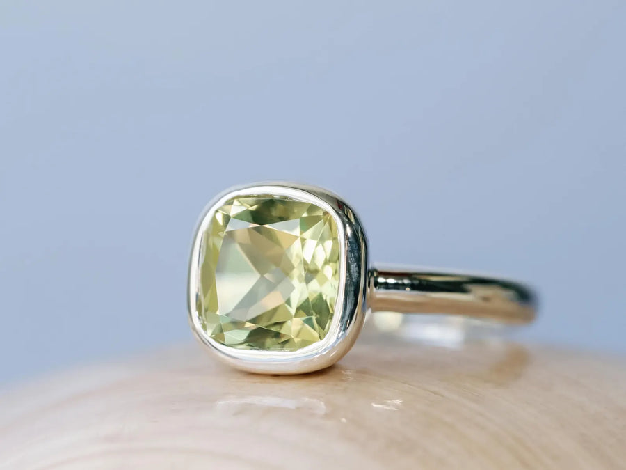 14k Natural Lemon Citrine Cushion Cut Bezel Statement Ring