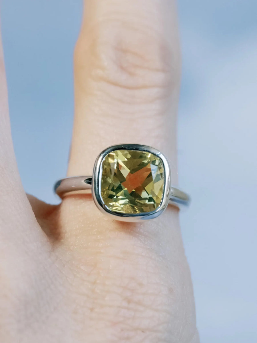 14k Natural Lemon Citrine Cushion Cut Bezel Statement Ring