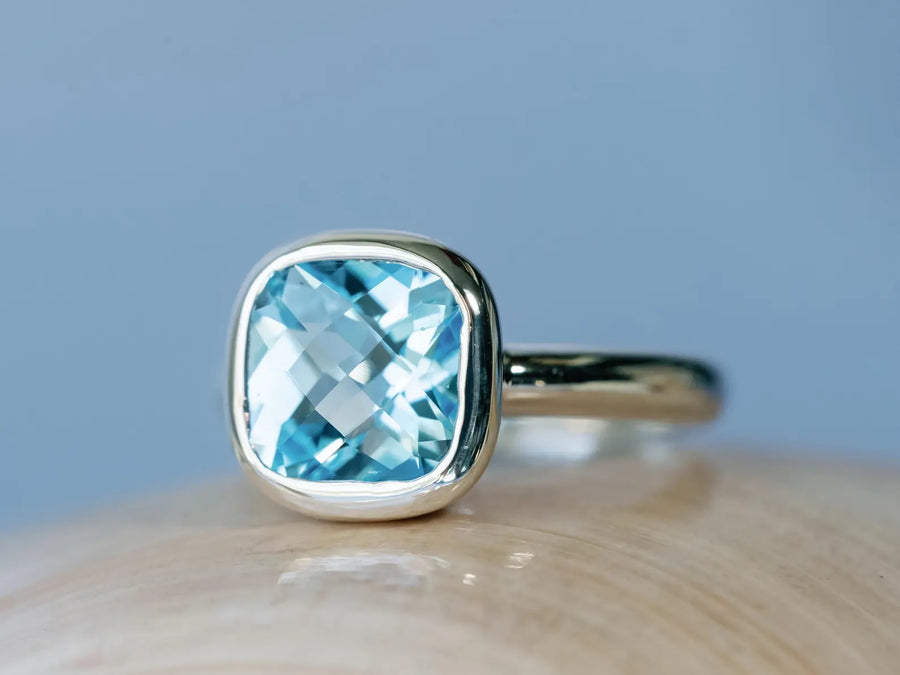 14k Cushion Cut Blue Topaz Bezel Setting Statement Ring
