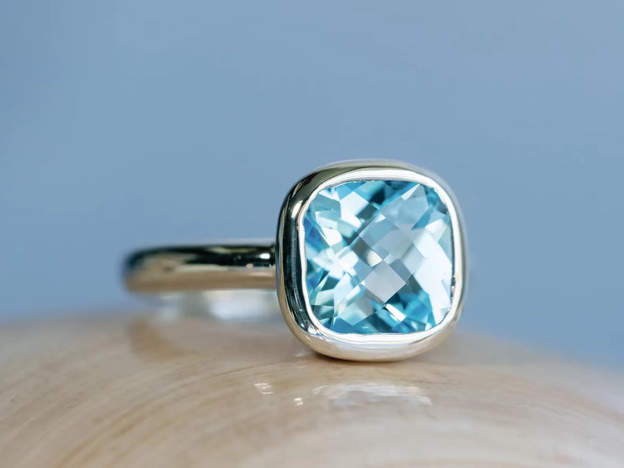 14k Cushion Cut Blue Topaz Bezel Setting Statement Ring