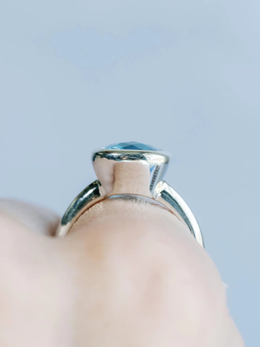 14k Cushion Cut Blue Topaz Bezel Setting Statement Ring