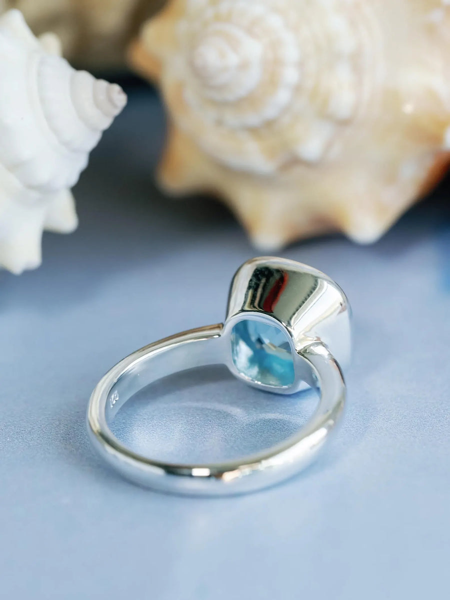 14k Cushion Cut Blue Topaz Bezel Setting Statement Ring