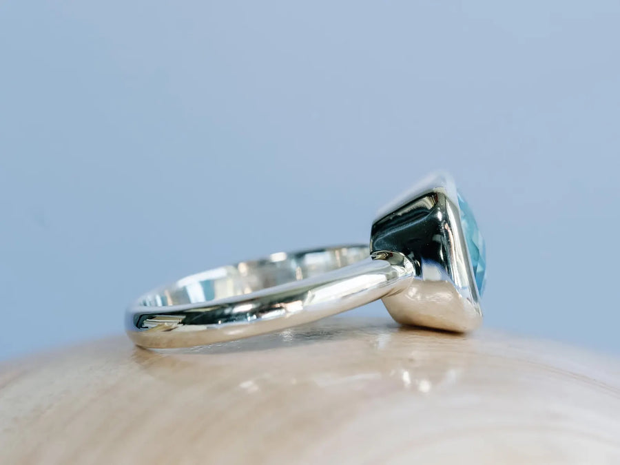 14k Cushion Cut Blue Topaz Bezel Setting Statement Ring