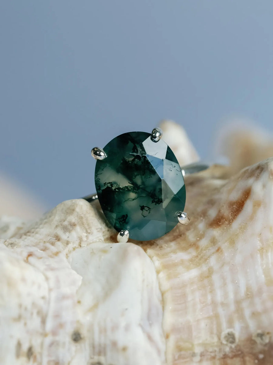 Natural Oval Moss Agate Solitaire Ring