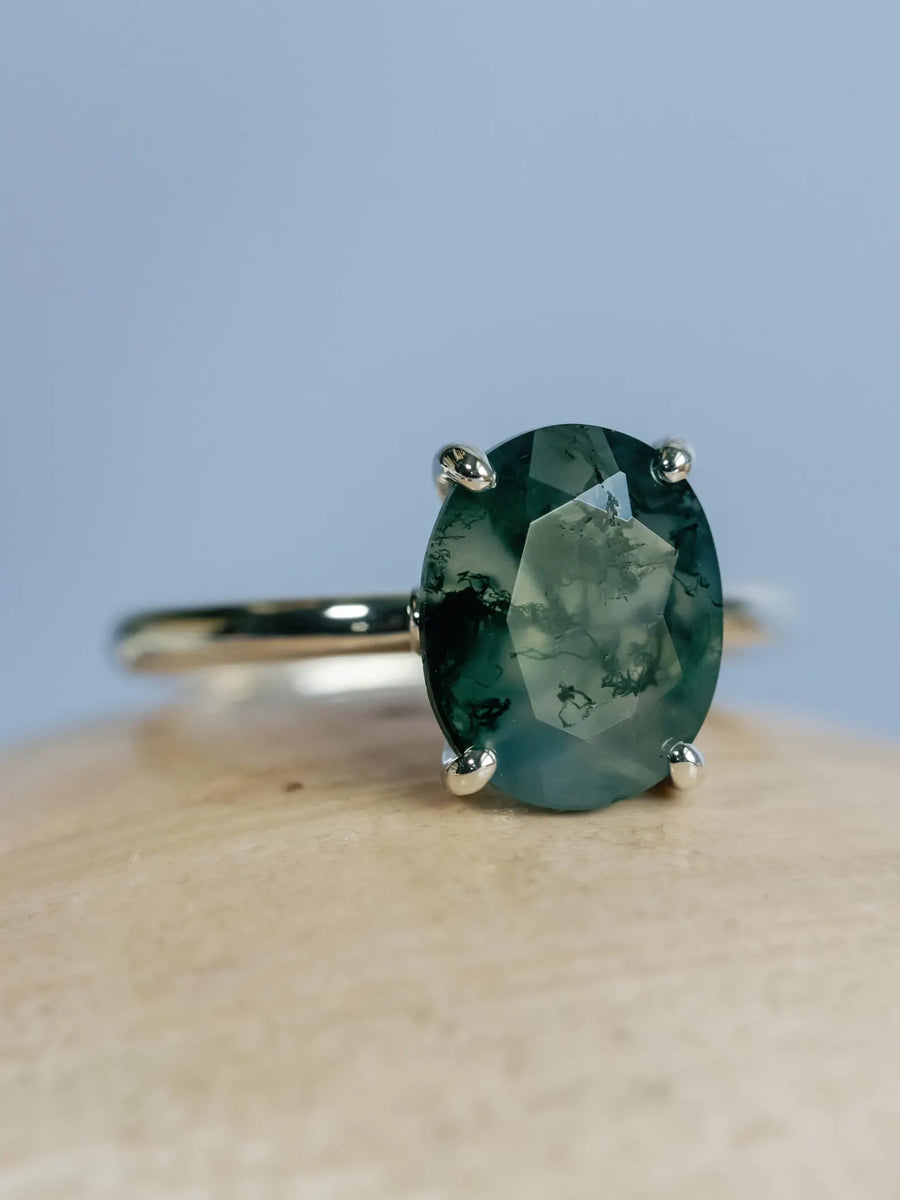 Natural Oval Moss Agate Solitaire Ring