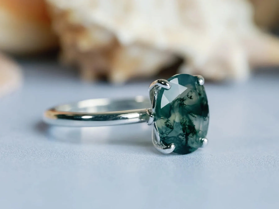 Natural Oval Moss Agate Solitaire Ring