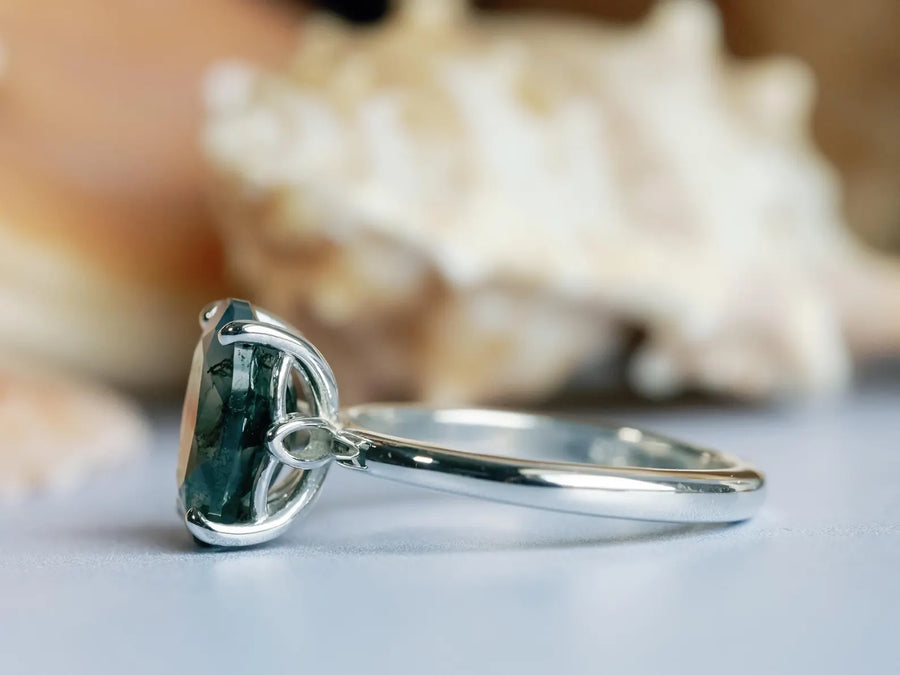Natural Oval Moss Agate Solitaire Ring