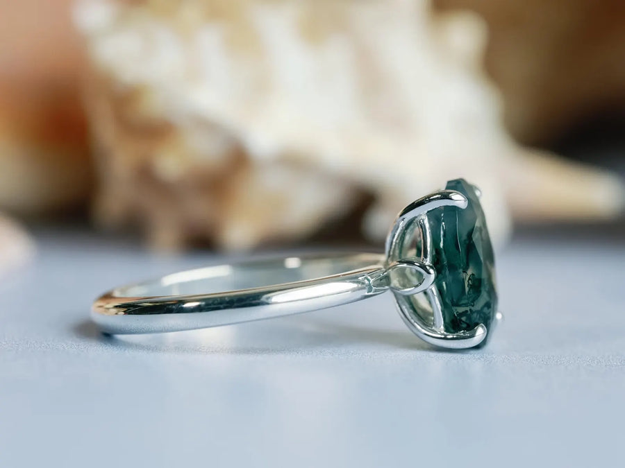Natural Oval Moss Agate Solitaire Ring