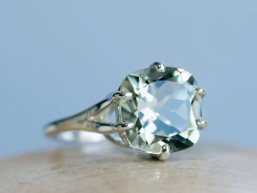 14k Prasiolite Green Amethyst Cushion Cut Solitaire Compass Prong Ring