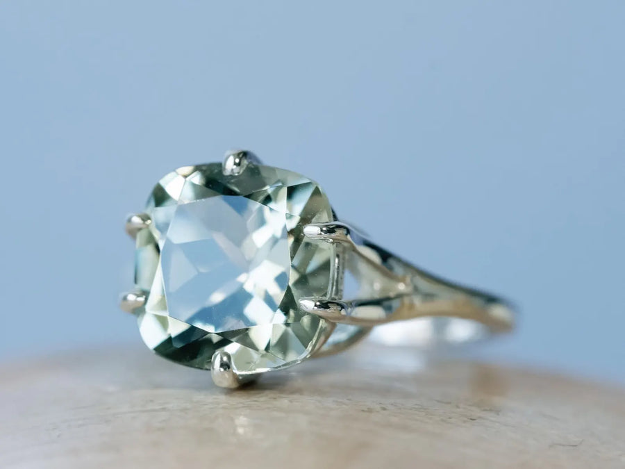 14k Prasiolite Green Amethyst Cushion Cut Solitaire Compass Prong Ring